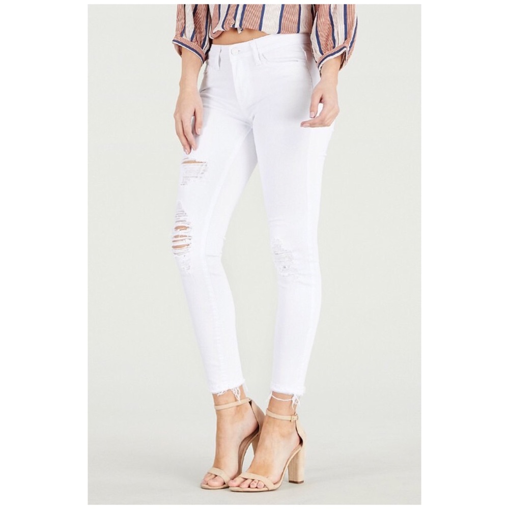 White Mid Rise Destroyed Hem Cropped Skinny Jeans - Picture 3 of 4